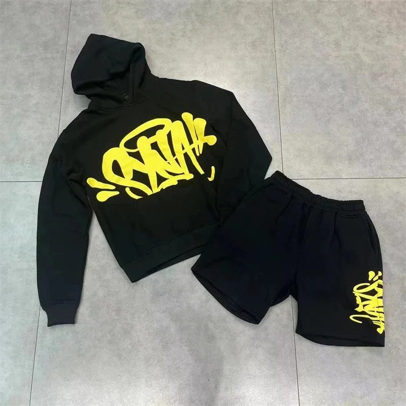 Graffiti Print Hoodie and Shorts Set Black Yellow Red White Blue Green Streetwear