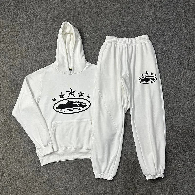 Graphic Hooded Sweatshirt Set Gray Light Blue Black White Olive Green Streetwear