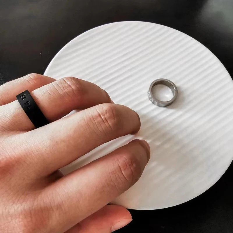 Stainless Steel Number Engraved Ring Silver Black Minimalist Band