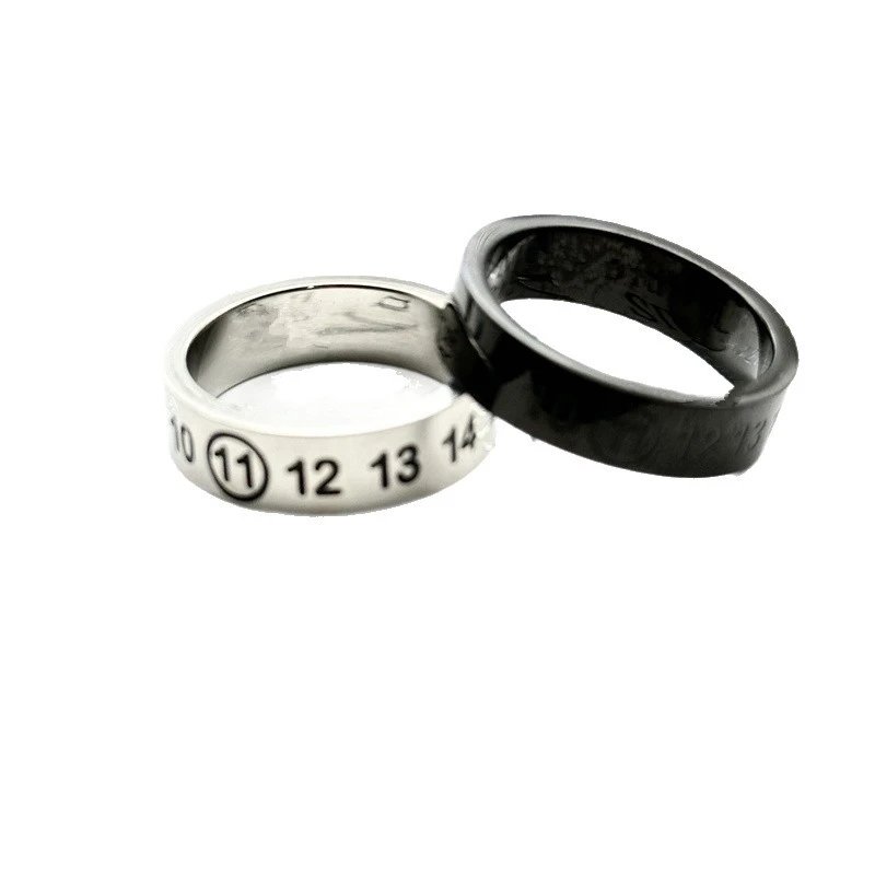 Stainless Steel Number Engraved Ring Silver Black Minimalist Band