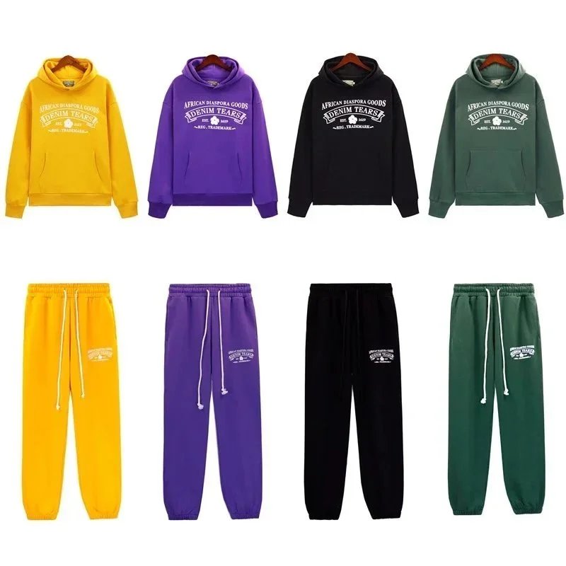 African Diaspora Goods Denim Tears Yellow Purple Black Green Hooded Sweatshirt Jogger Pants Set