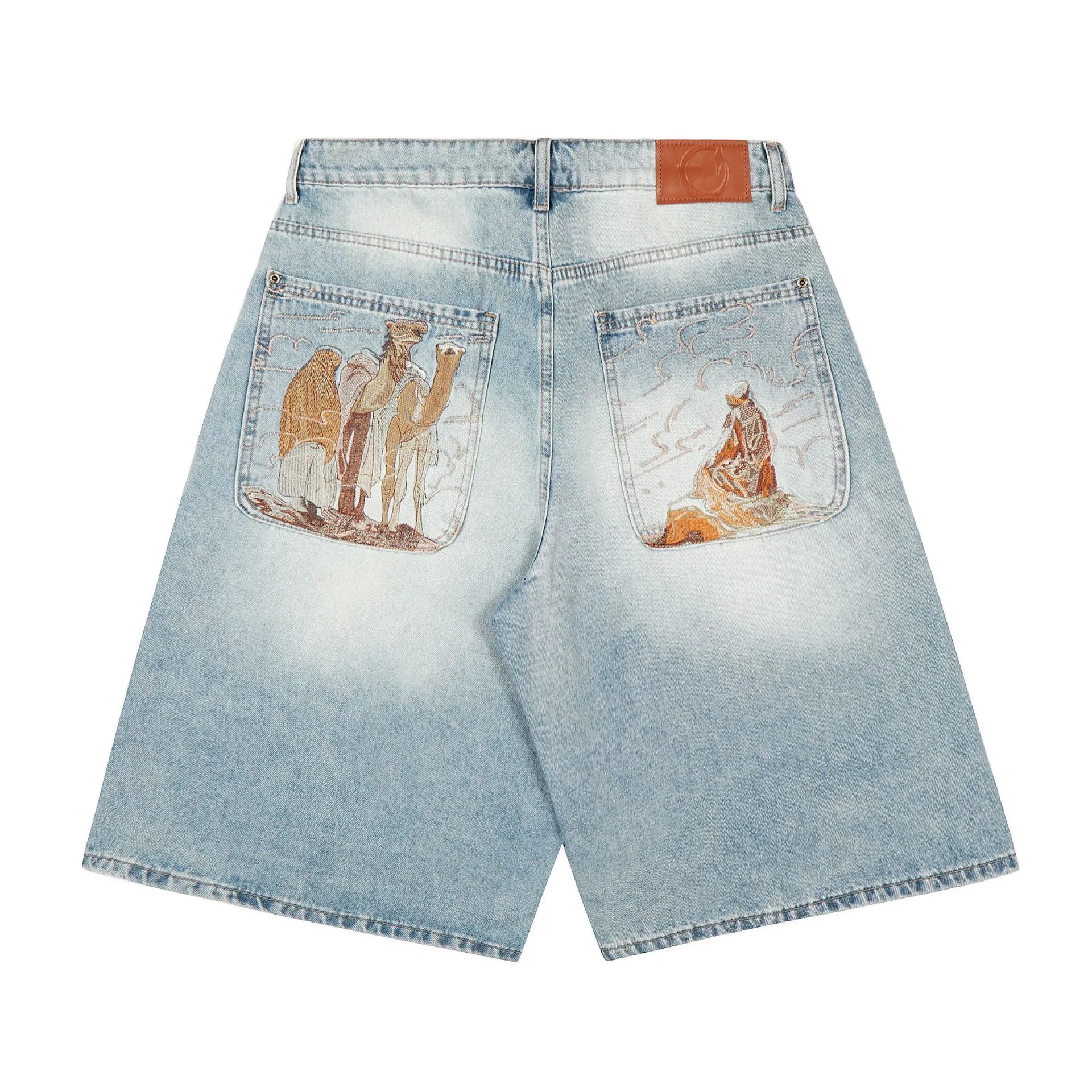 Denim Shorts Light Blue Embroidered Pocket Wide Leg