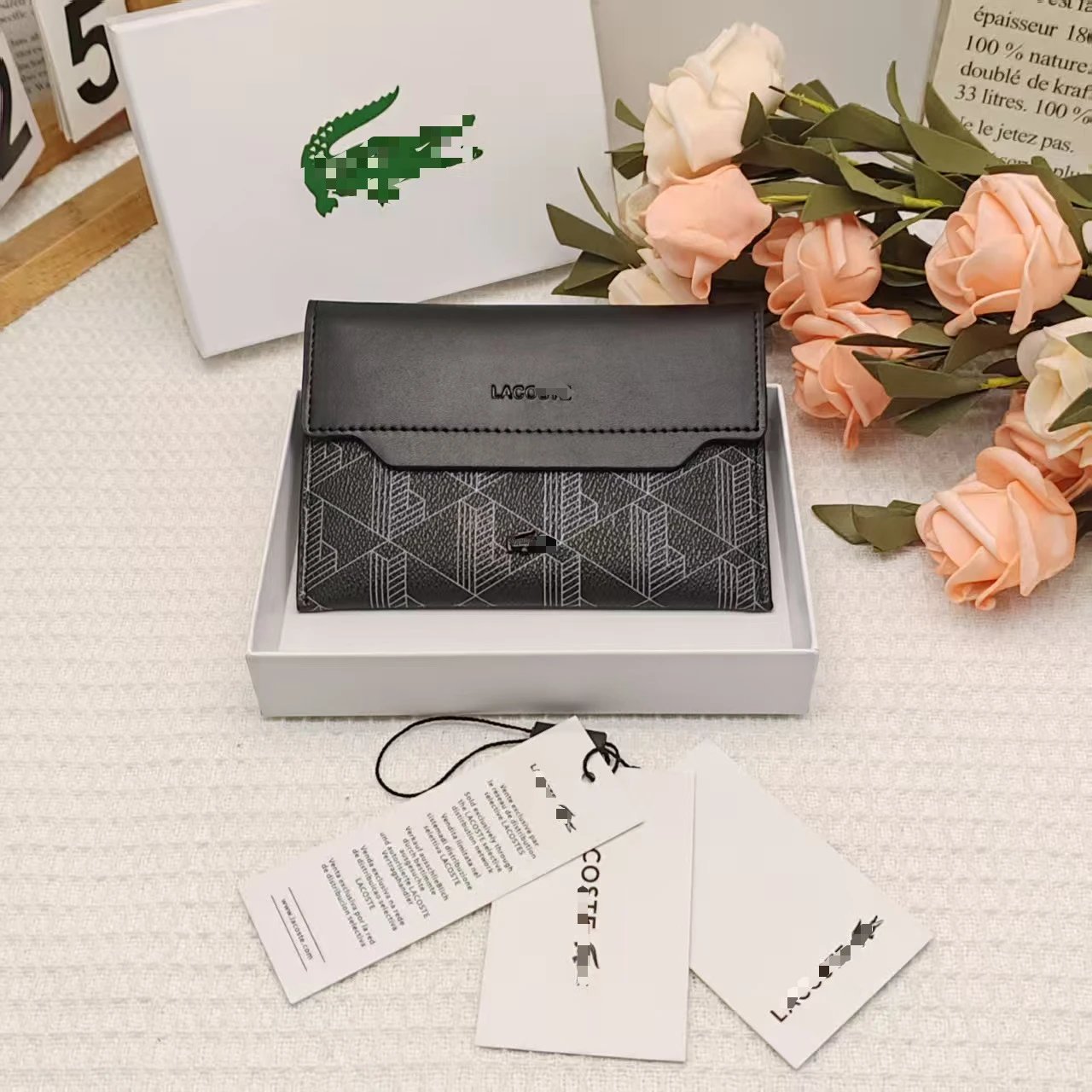 Lacoste Wallet Black Geometric Pattern Leather Cardholder