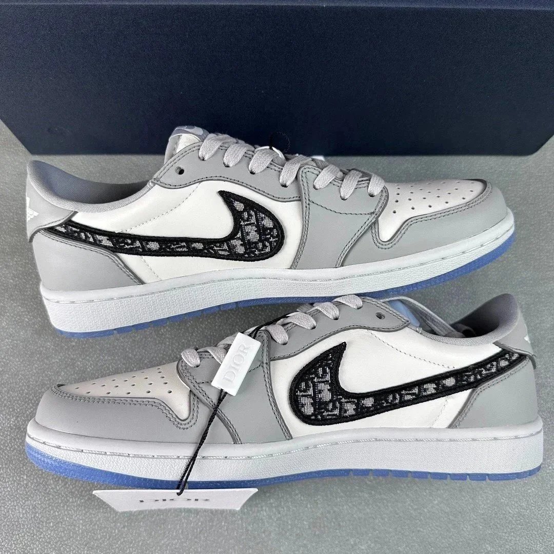 Dior X Nike Air Jordan 1 Grey White Oblique Pattern High Top Sneakers