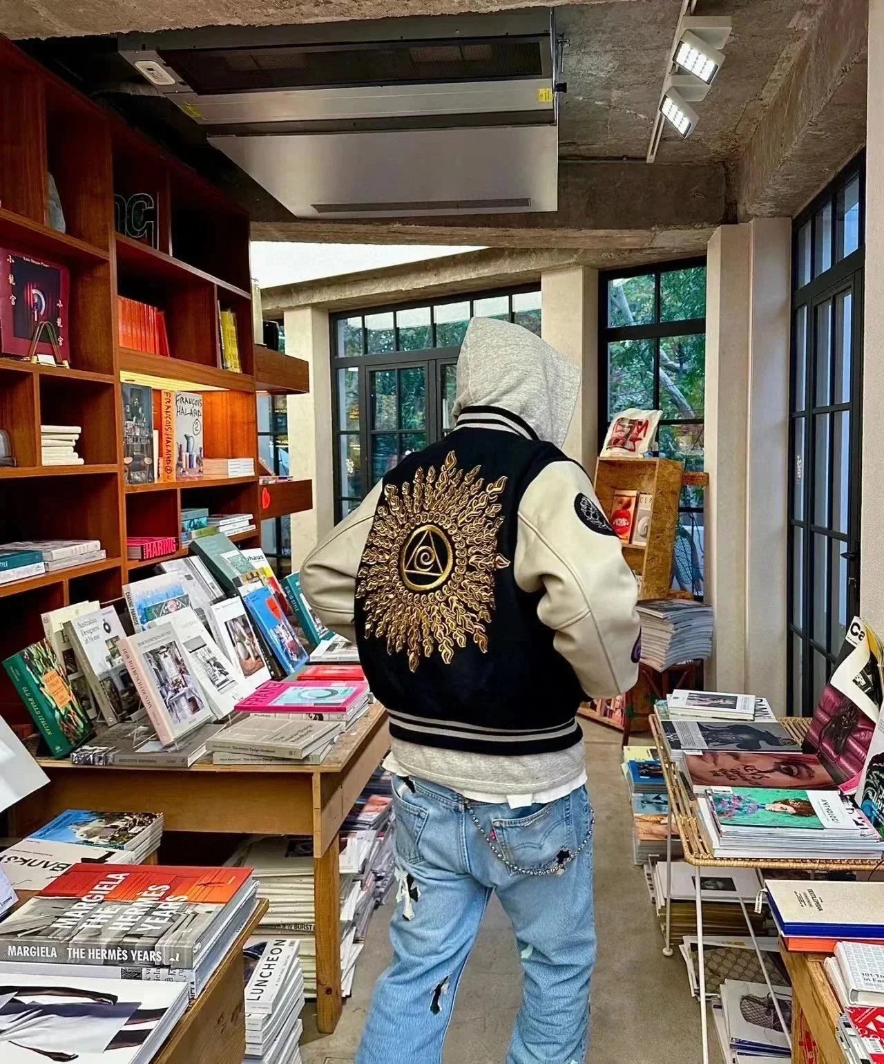 Stussy varsity jacket black cream embroidered patches collegiate
