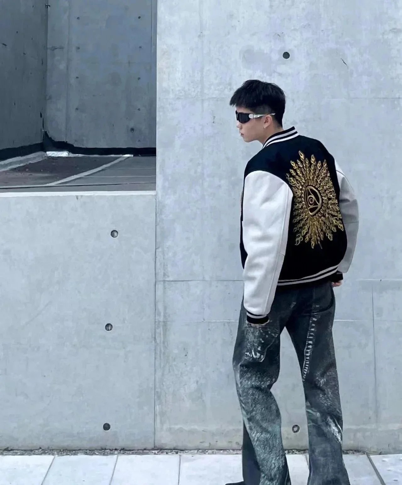 Stussy varsity jacket black cream embroidered patches collegiate