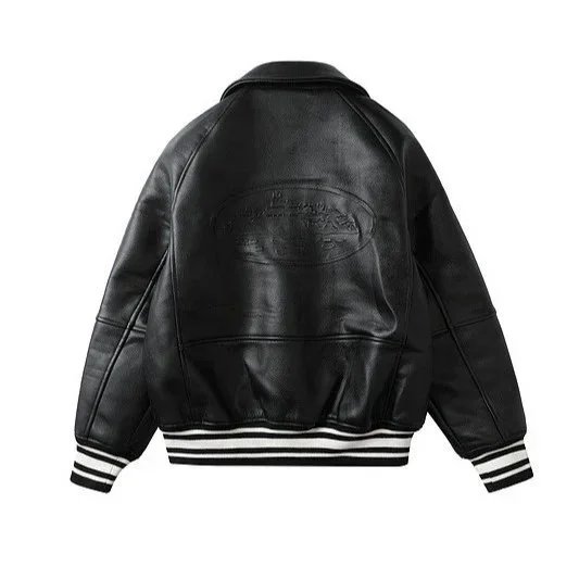 Black Faux Leather Bomber Jacket with White Stripe Cuffs and Hem