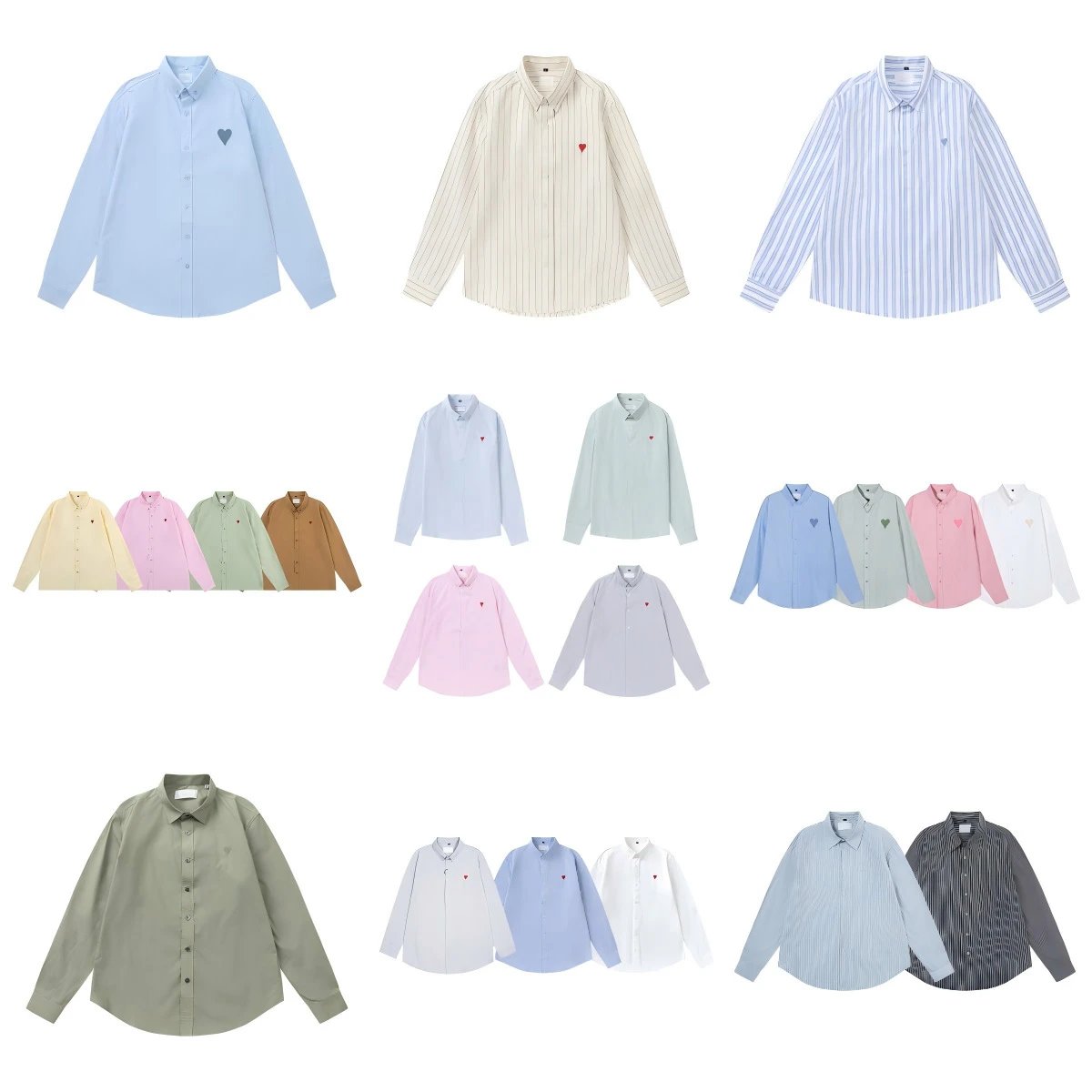 Striped Cotton Shirt Light Blue Mint Pink Grey Embroidered Heart Casual