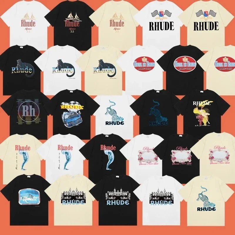 Rhude Graphic Print Black Beige White Casual T-Shirts