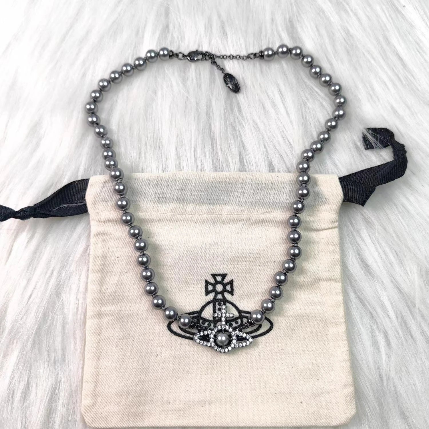 Vivienne Westwood Orb Gray Pearl Crystal Necklace