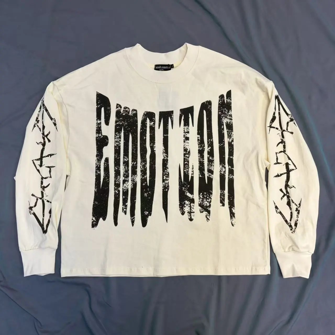 Off White Long Sleeve Cream Graphic Distressed Tee