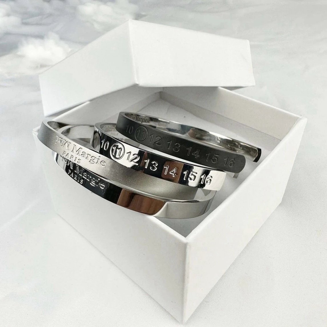 Maison Margiela Numbered Steel Silver Black Minimalist Cuff Bracelet Set