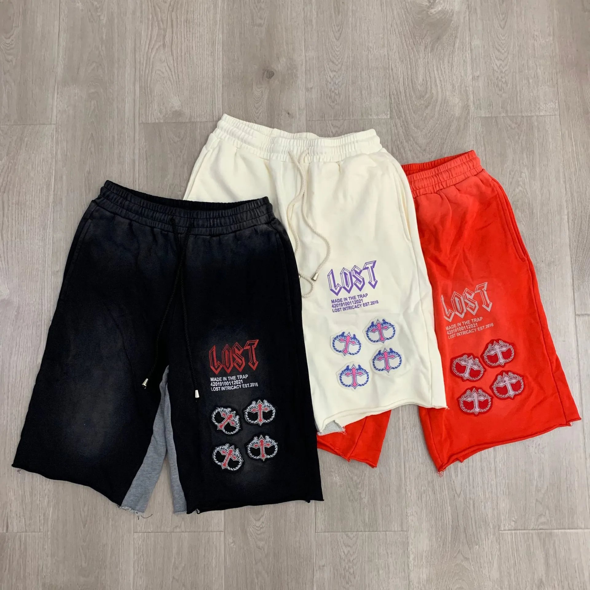 Lost Intricacy Embroidered Graphic Shorts Black White Red Streetwear