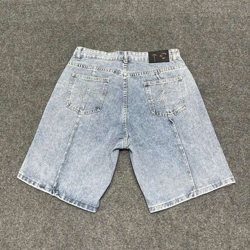 Denim Shorts Light Blue Embroidered Star Moon Design