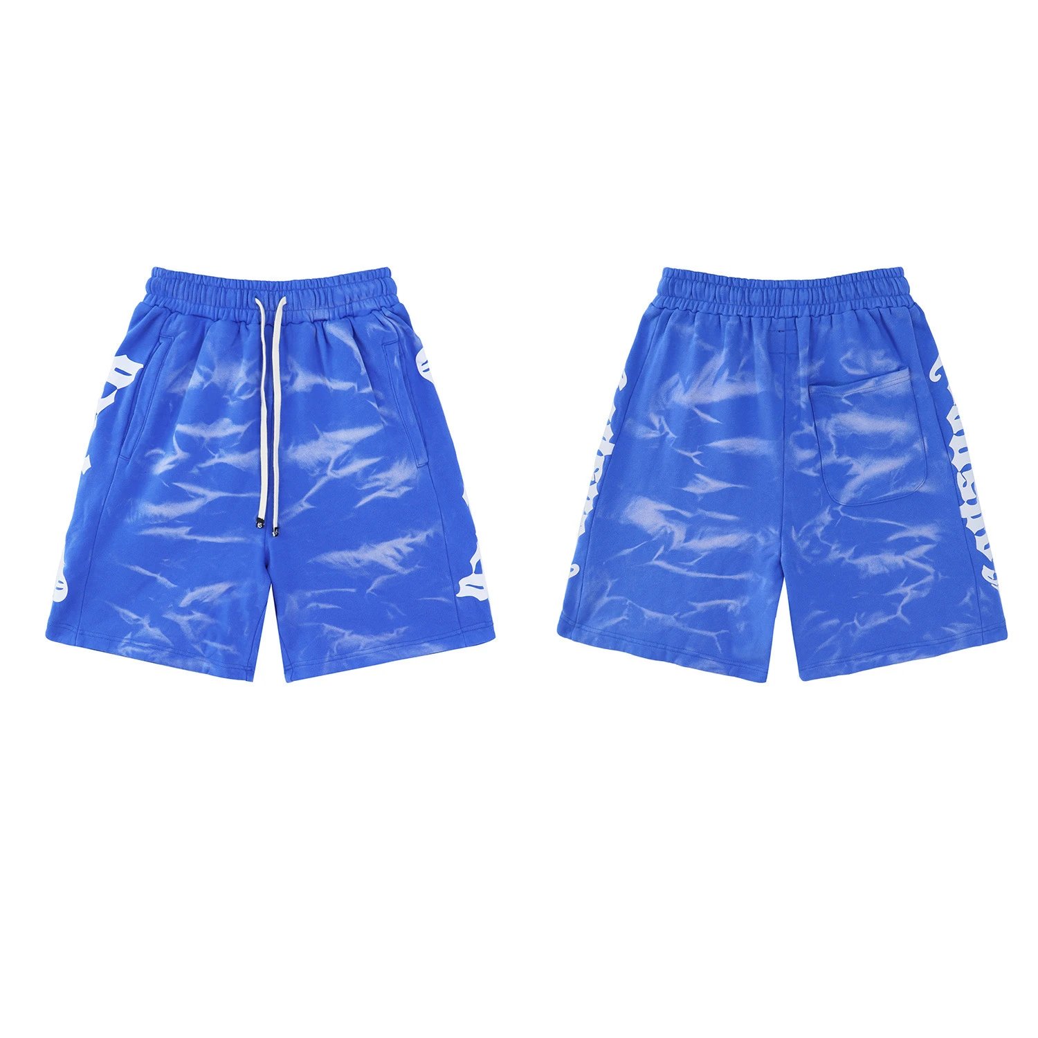 Blue Tie-Dye Print Drawstring Waist Shorts