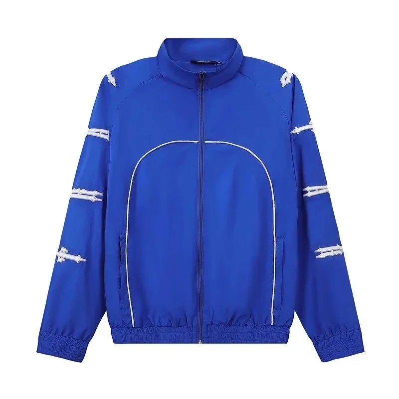 Sporty Track Jacket Black Blue Contrast Stitch Windbreaker
