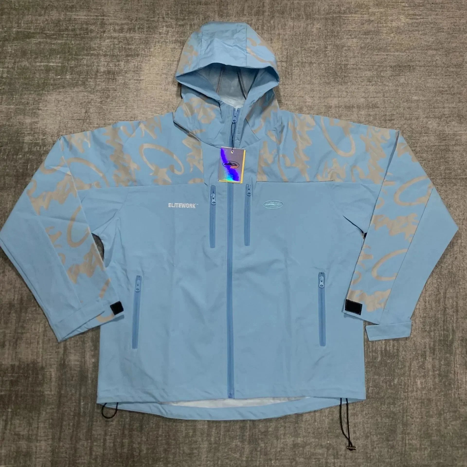 Elitework Graphic Print Black Hooded Windbreaker Jacket