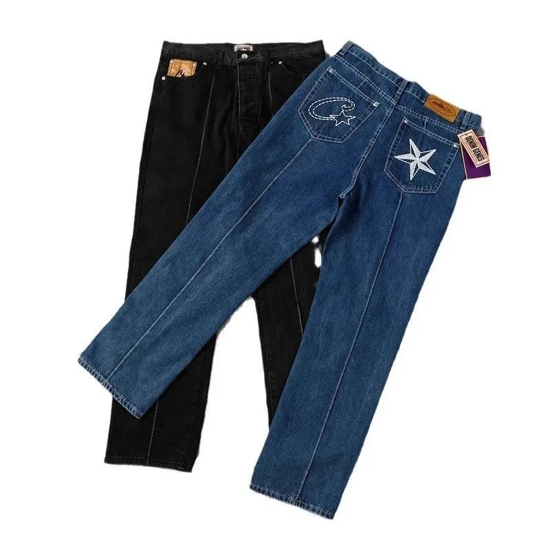 Denim Jeans Blue Black Star Embroidery Retro Straight Leg