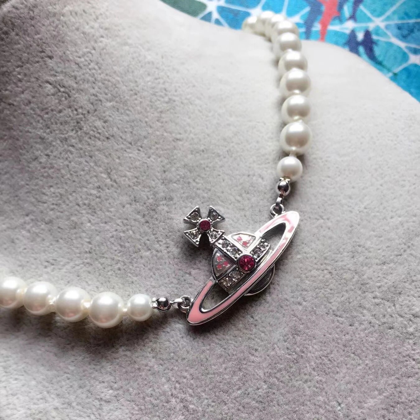 Vivienne Westwood Orb Pink Enamel Pearl Necklace