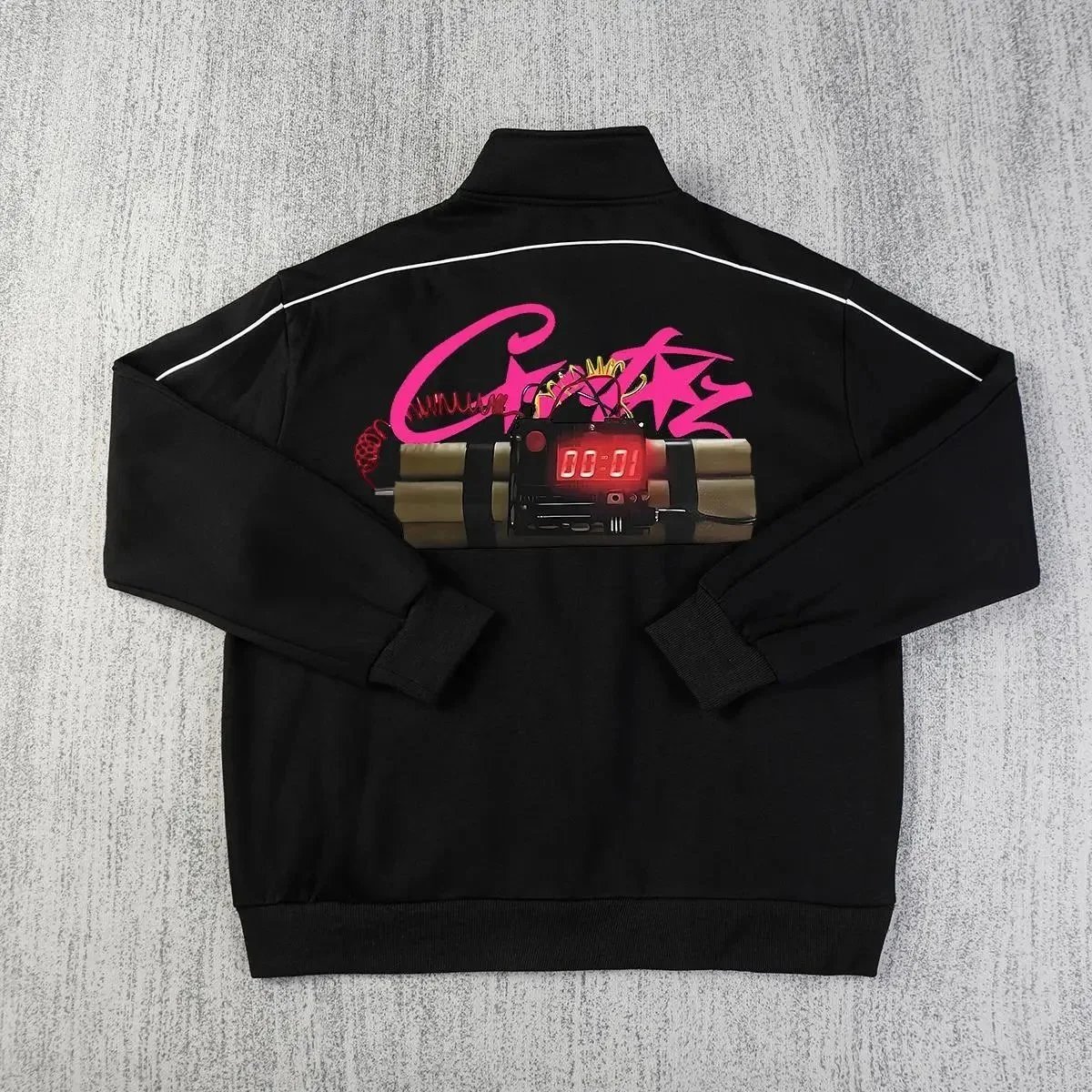 Black Track Jacket with Graphic Back Prints Streetwear