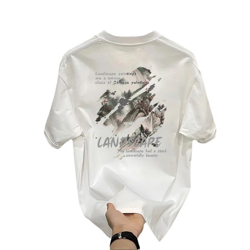 White Graphic Print Landscape Art T-Shirt