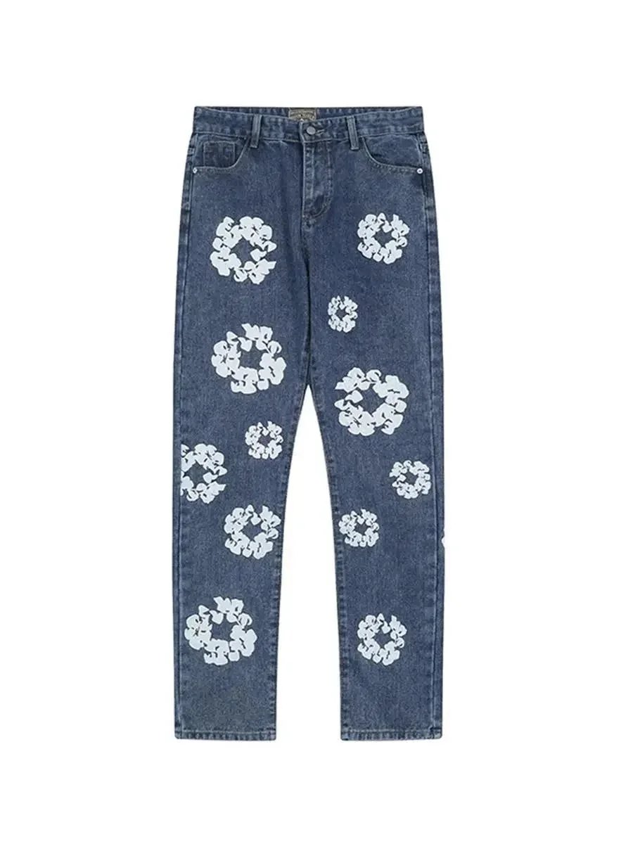 Denim Jacket And Pants Set White Blue Black Floral Embroidered Casual