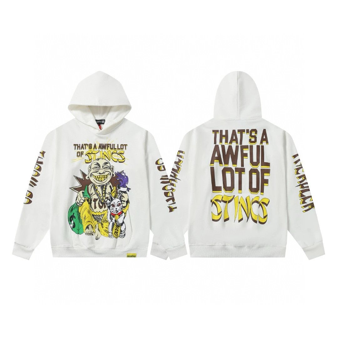 Black Graphic Hoodie With Yellow Text And Cartoon Print Streetwear