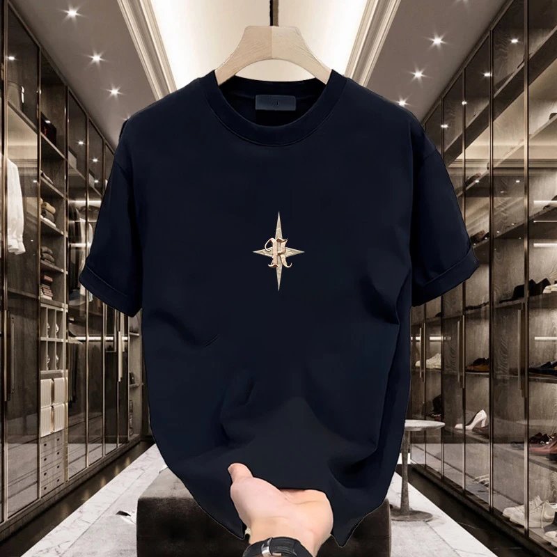 Navy Blue Embroidered Compass Logo Crew Neck T-Shirt