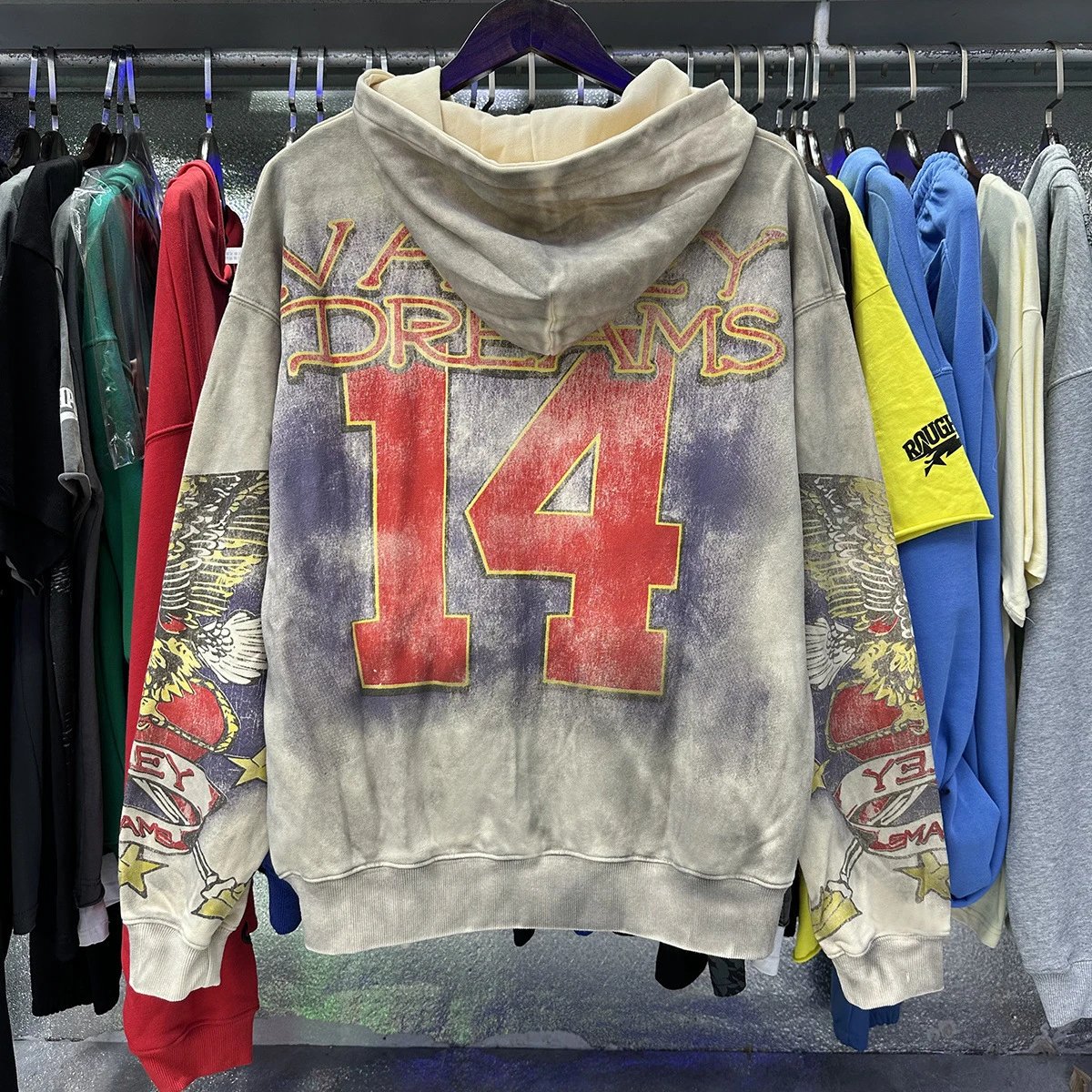 Vintage Wash Hoodie Gray Distressed Graphic Streetwear