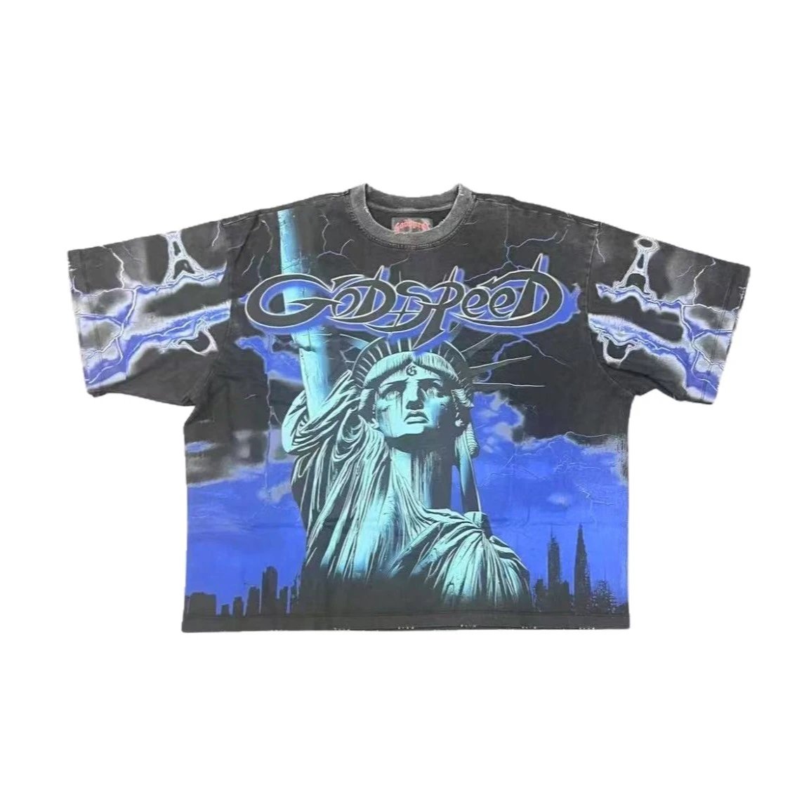 Godspeed Statue Of Liberty Graphic Tee Black Red Cyan Vintage Rock T-Shirt