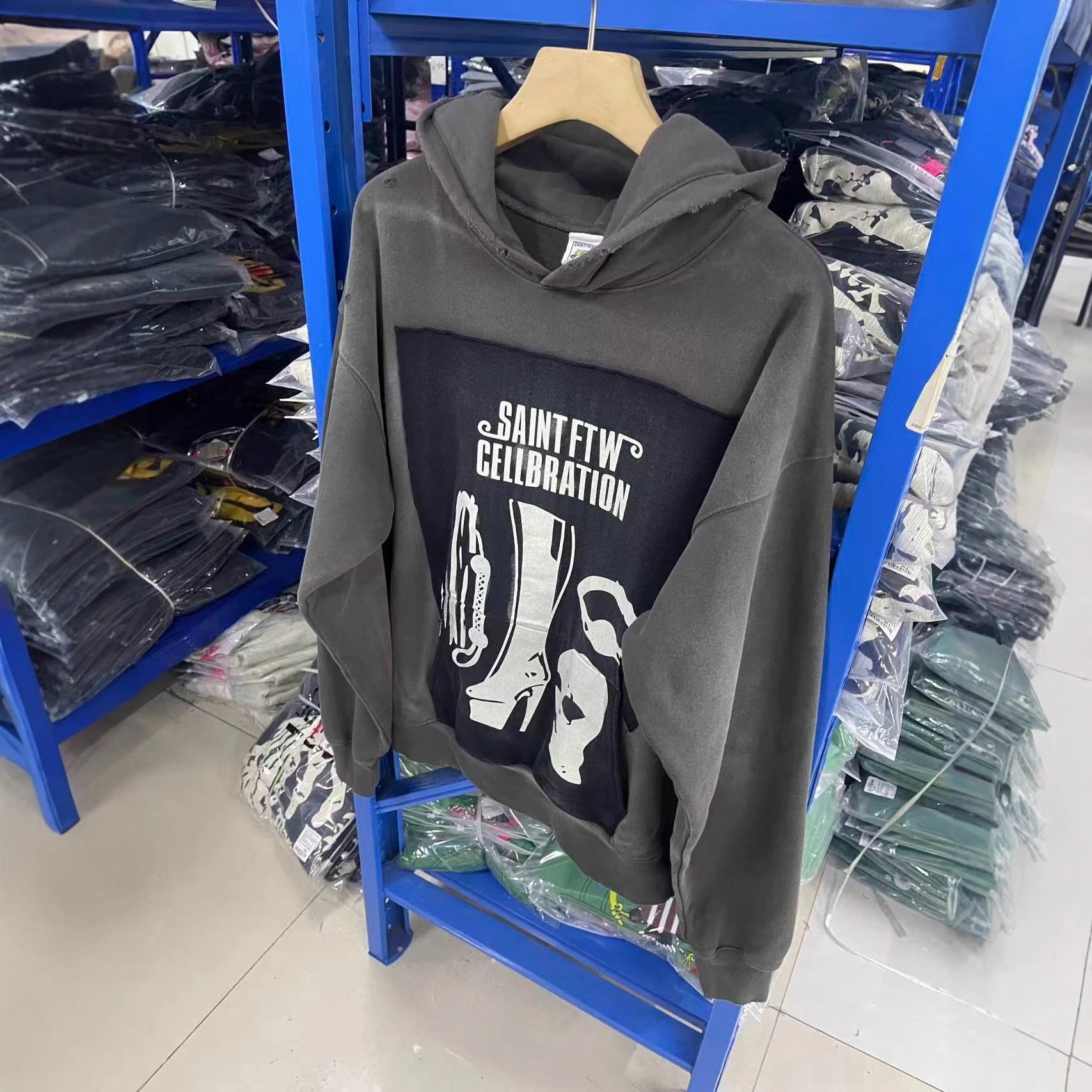 Saint Graphic Print Gray Distressed Hoodie