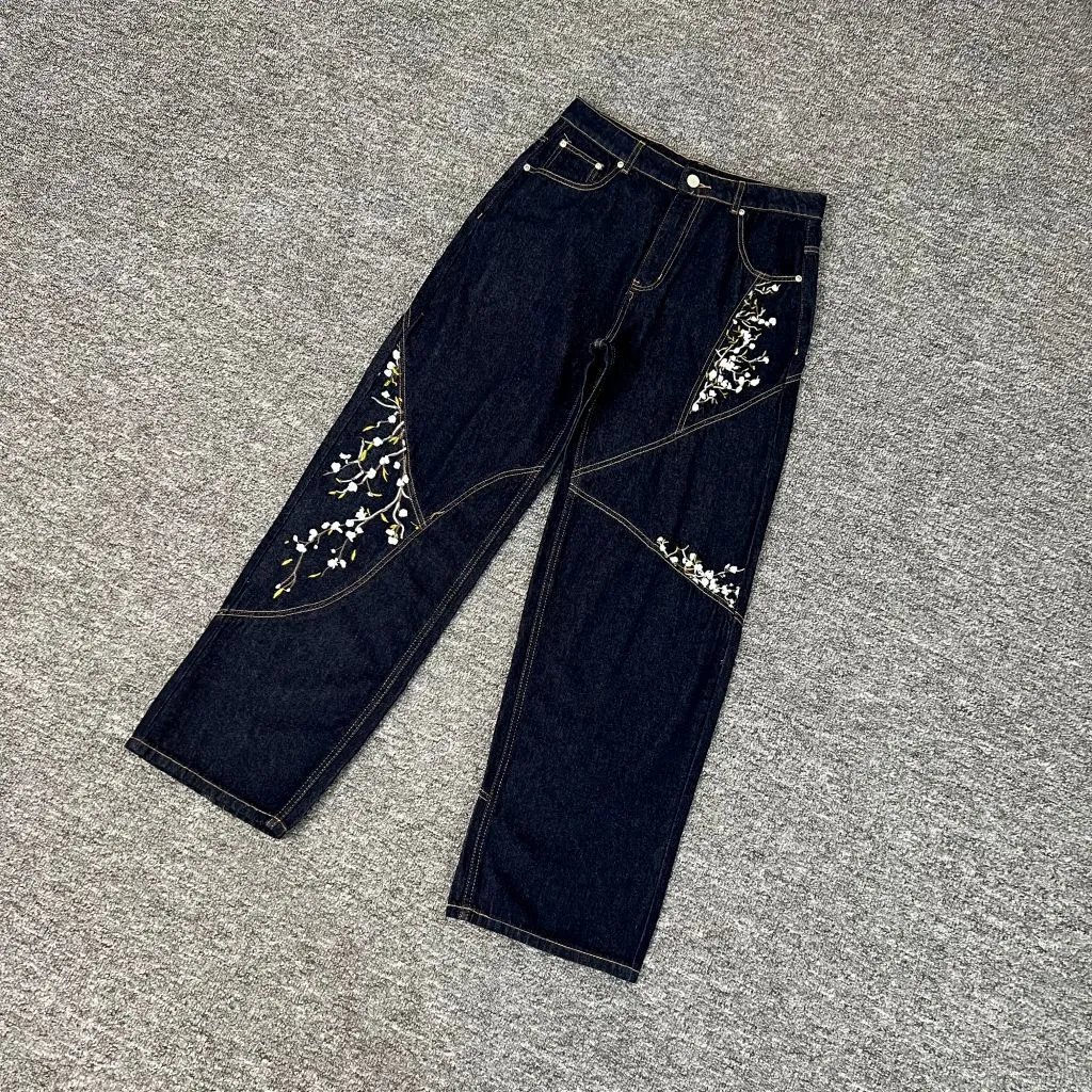 Denim Wide Leg Dark Blue Stitched Tapered Jeans