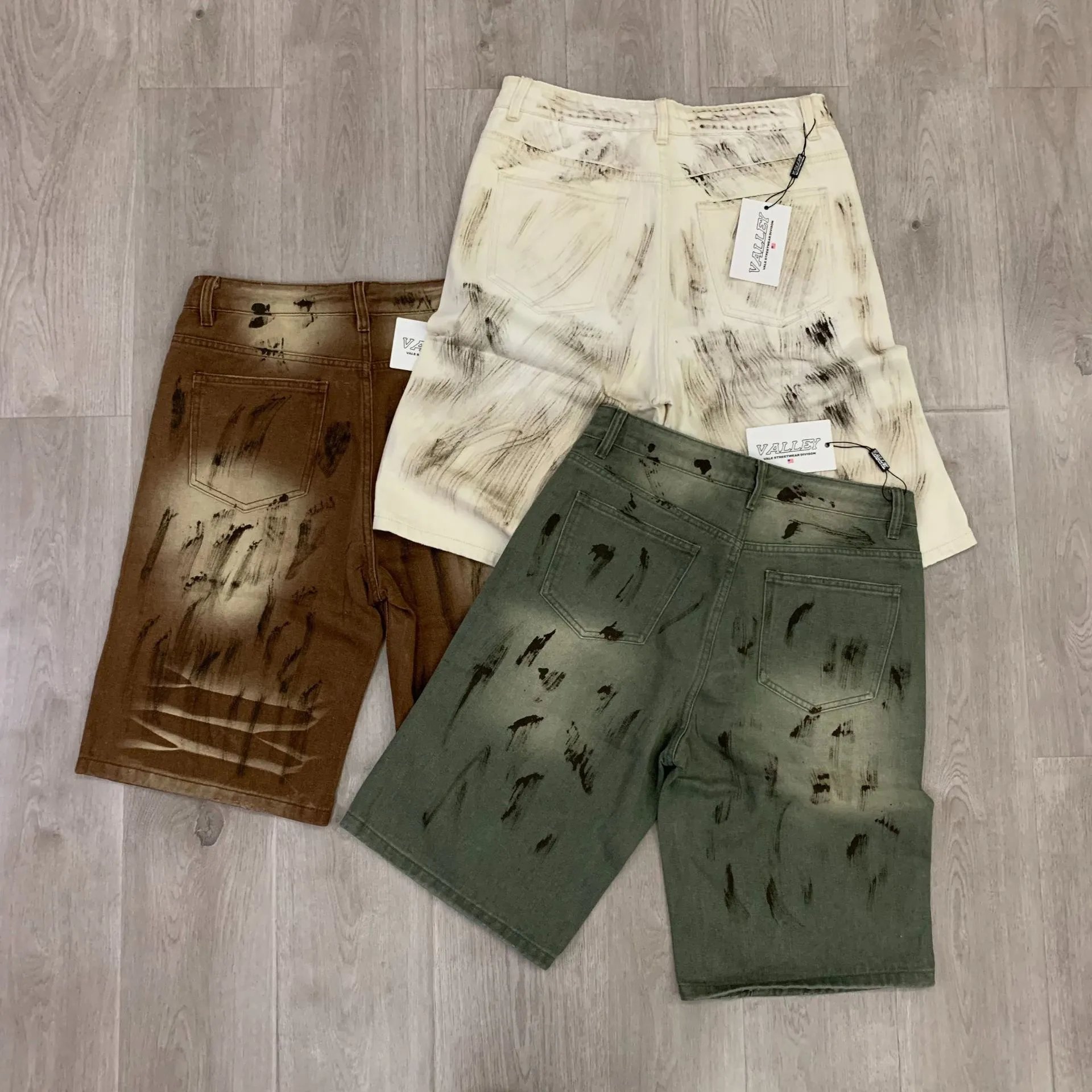 Valley Distressed Denim Shorts Brown Off White Olive Streetwear