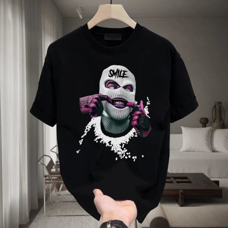 Black Graphic Print T-Shirt with Smiling Mask Design Streetwear