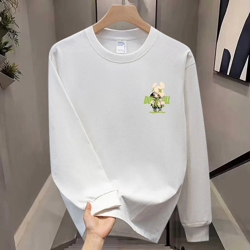 Black Long Sleeve Crewneck T-Shirt with Green Cartoon Graphic Print