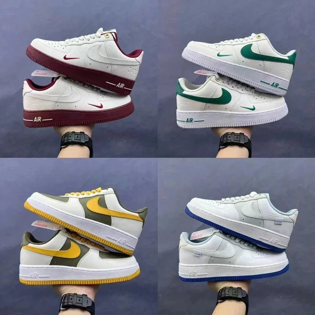 Nike Air Force 1 White Burgundy Green Olive Blue Colorblock Low Top Sneakers