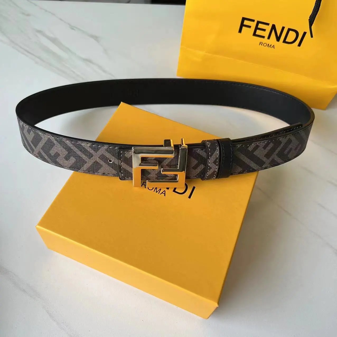 Fendi Belts FF Monogram Double-F Buckle Belt — Coffee-colored gold buckle