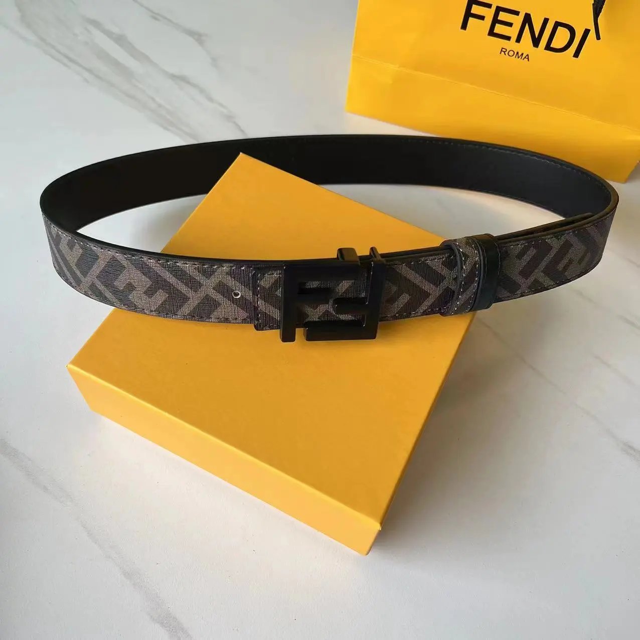 Fendi Belts FF Monogram Double-F Buckle Belt — Coffee color with black buttons
