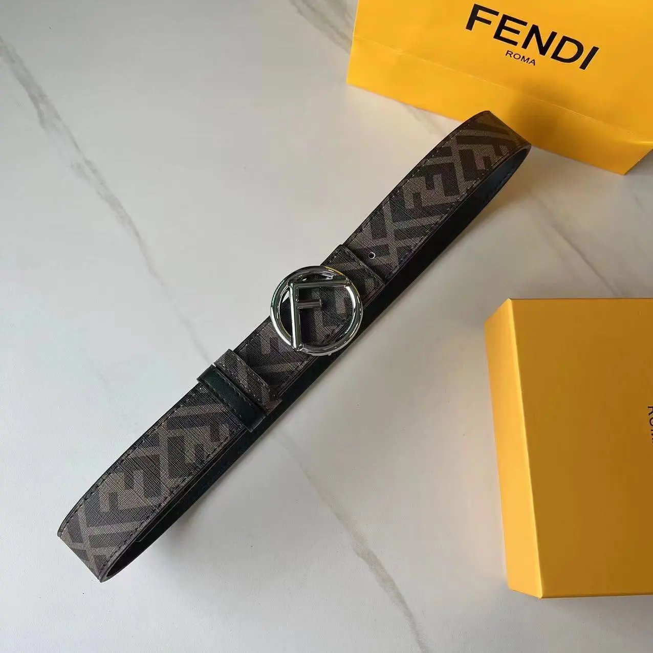 Fendi Belts FF Monogram Double-F Buckle Belt — Coffee-colored round silver buckle