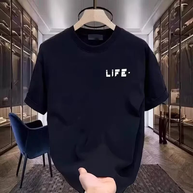 Black Cotton T-Shirt with Pixelated LIFE Graphic Casual Style