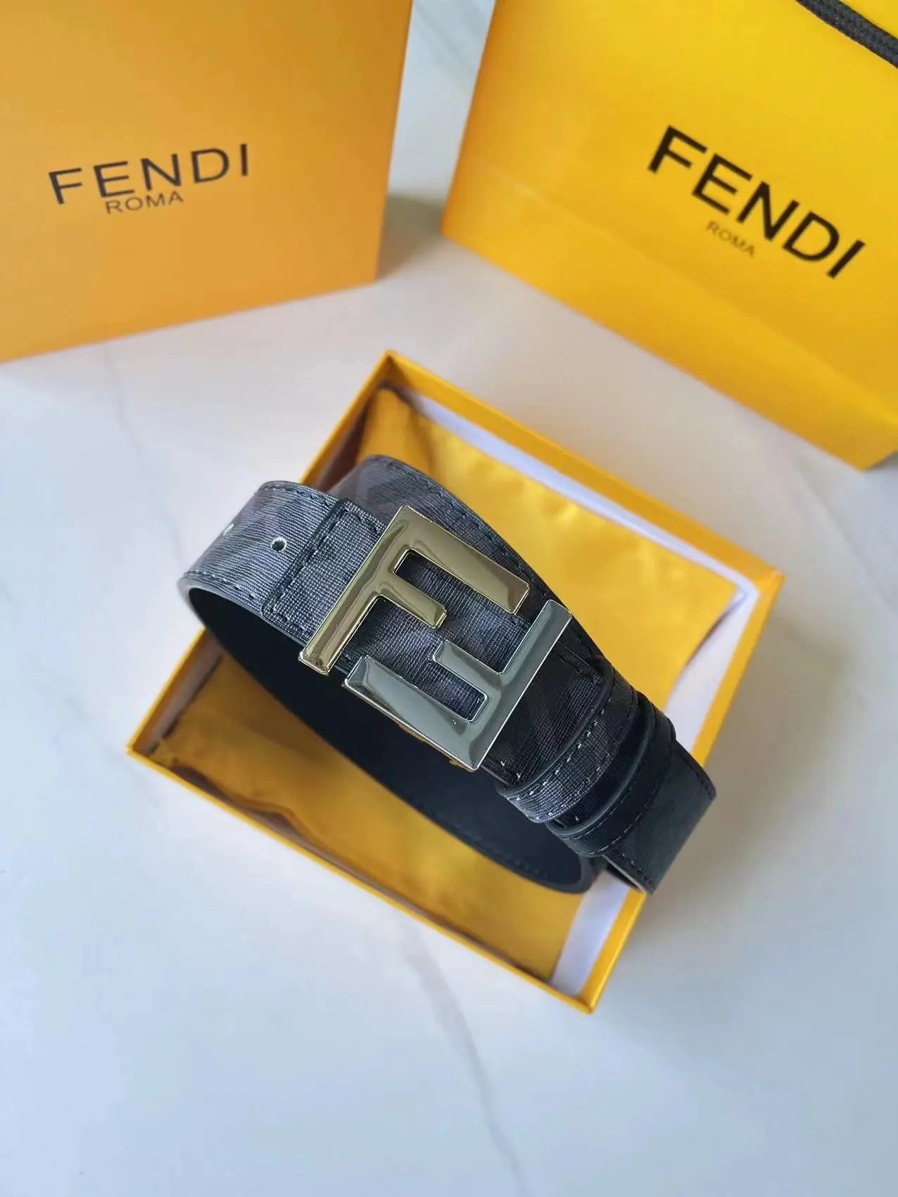 Fendi Belts FF Monogram Double-F Buckle Belt — Black flower gold and silver buckle
