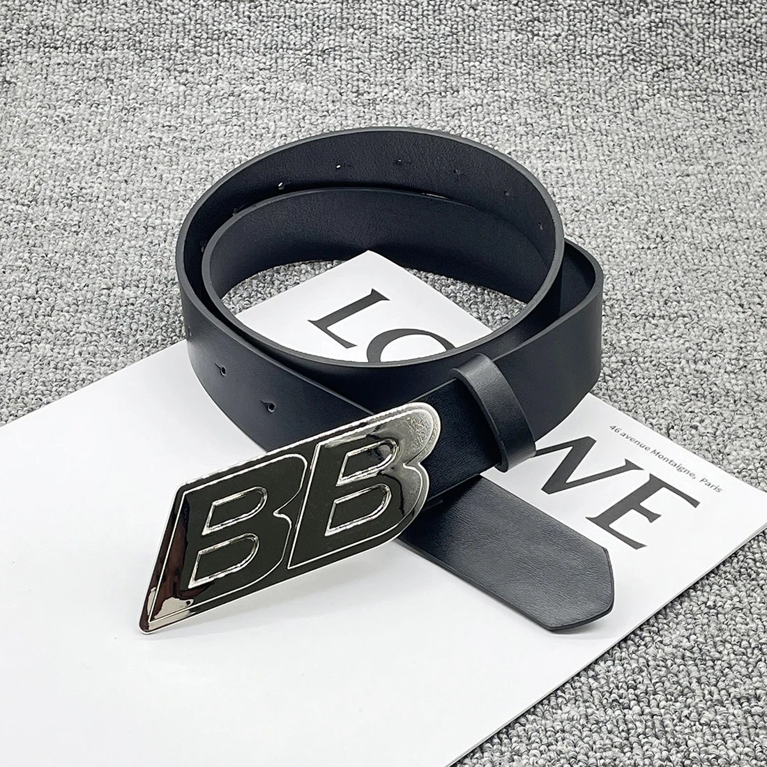 BB Logo Black Leather Buckle Belt