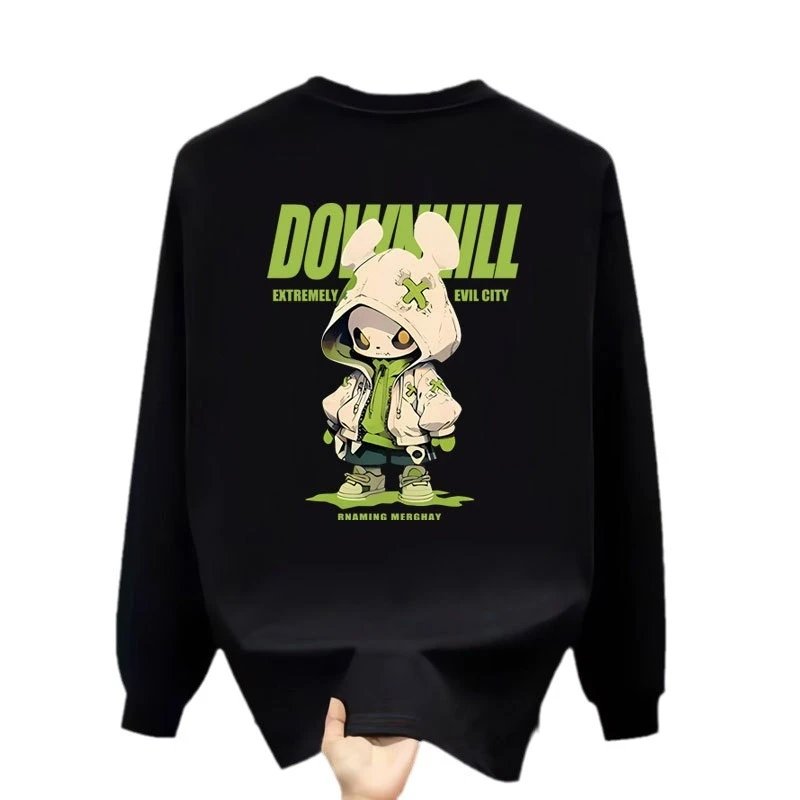 Black Long Sleeve Crewneck T-Shirt with Green Cartoon Graphic Print