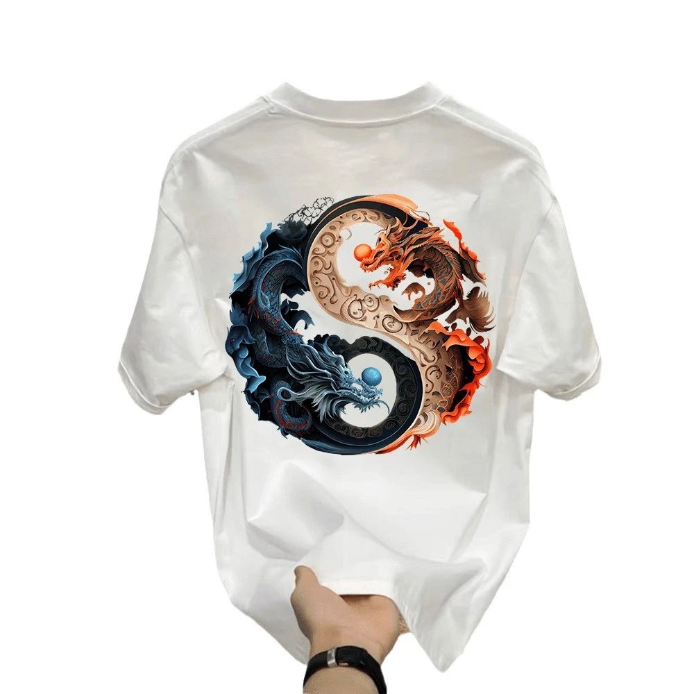 Black Graphic T-Shirt Yin Yang Dragon Print Streetwear