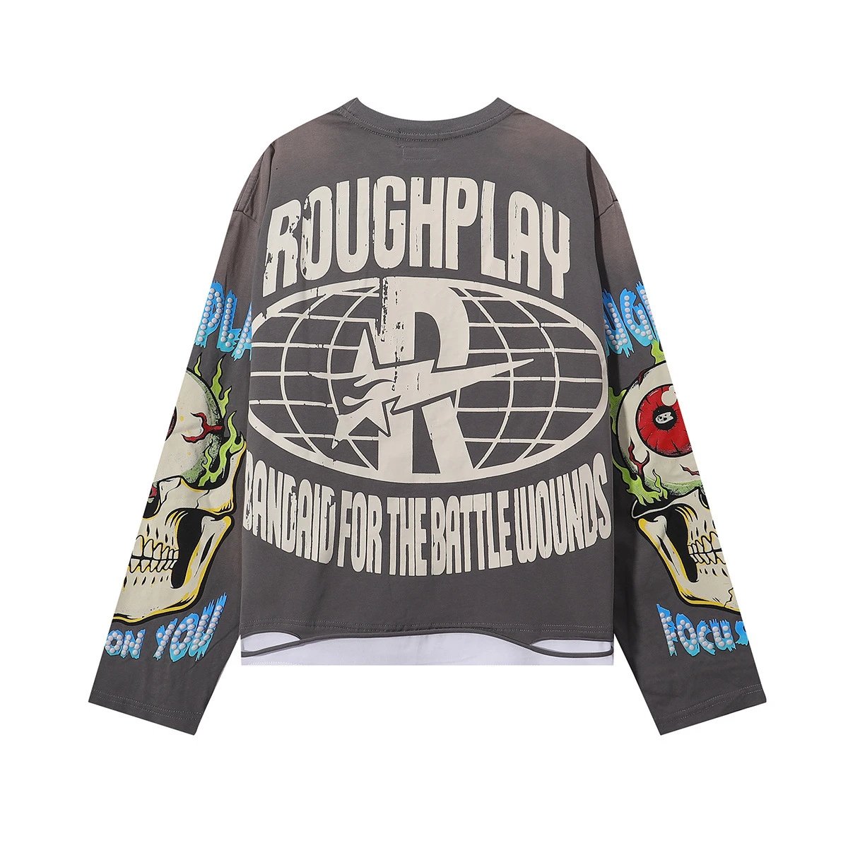 Roughplay Bandaid For The Battle Wounds Gray Graphic Oversized T-Shirt
