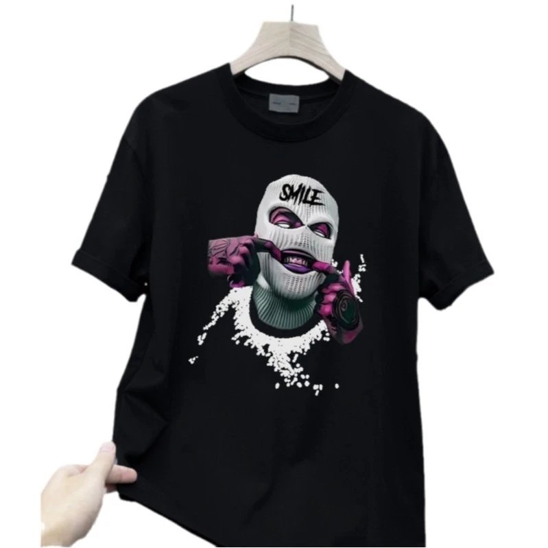 Black Graphic Print T-Shirt with Smiling Mask Design Streetwear