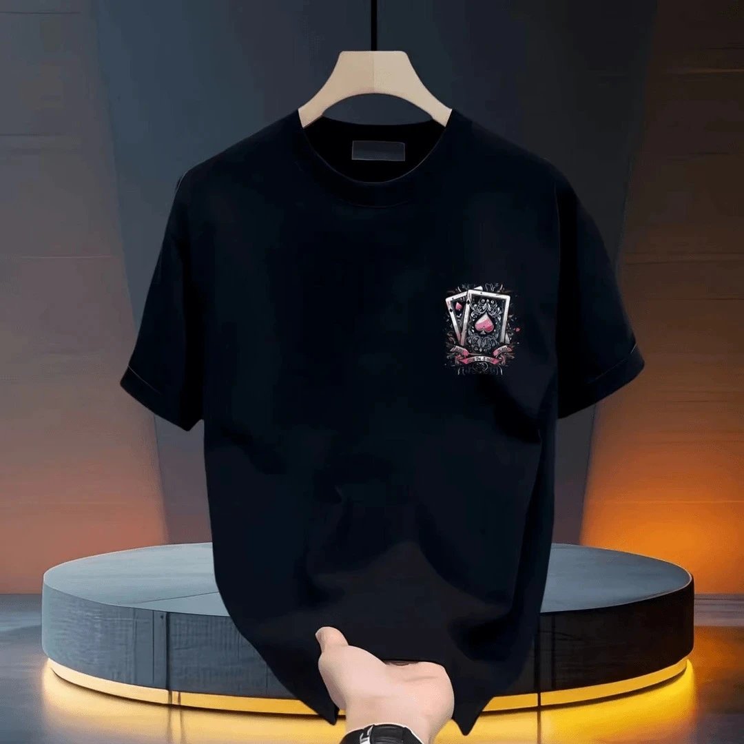 Black Cotton T-Shirt With Poker Card Graphic Streetwear