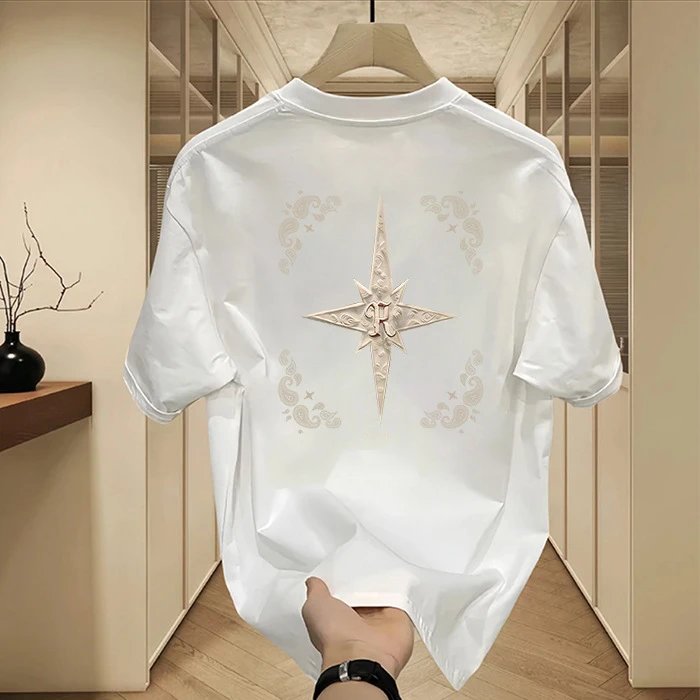 Navy Blue Embroidered Compass Logo Crew Neck T-Shirt