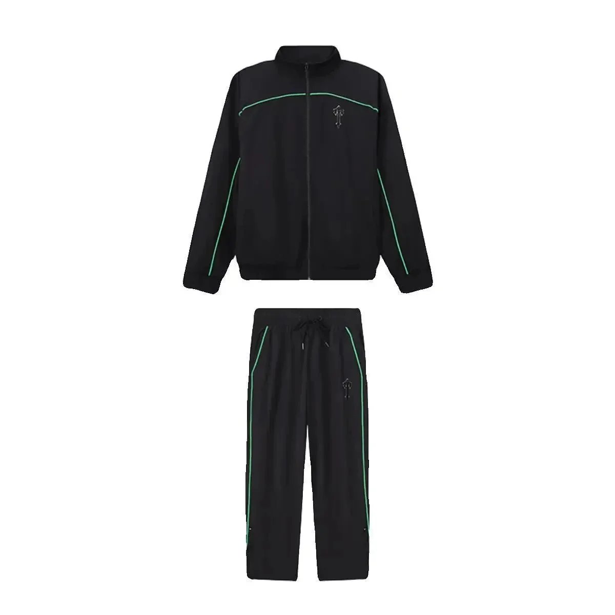 Black Track Jacket and Pants Set with Neon Green and Gold Trim Sportswear