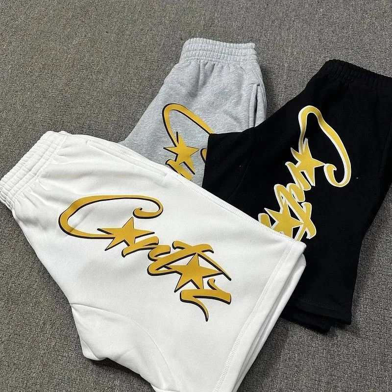 Gold Script Logo White Gray Black Casual Sweat Shorts